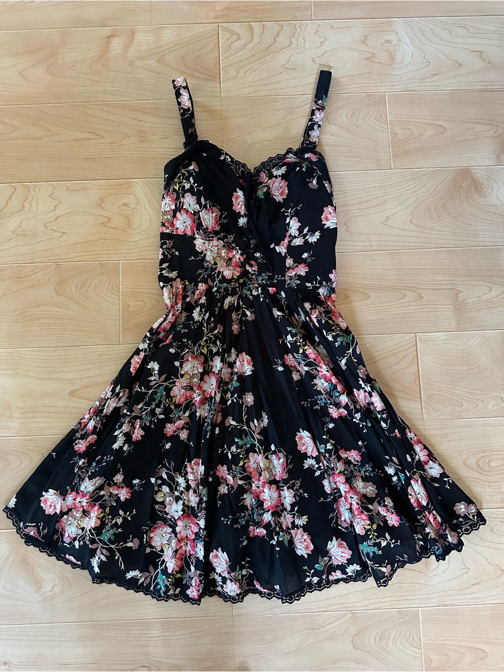 American Rag Black Mini Dress with Pink Floral Print size small w/ fitted bodice